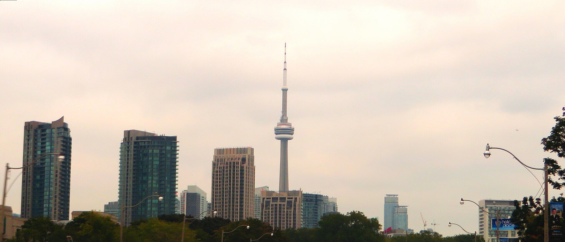Toronto harbour and downtown skyline with the 553-metre tower in the stack